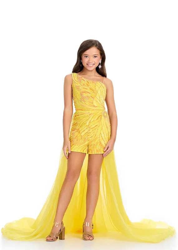 Ashley Lauren Kids 8289 Girls Beaded Sequin Romper Overskirt Pageant One Shoulder Fun Fashion