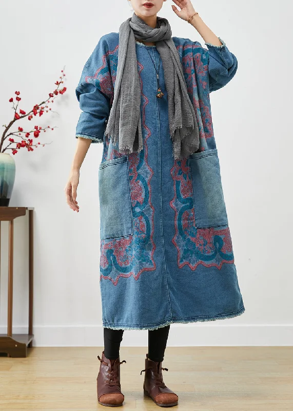 Handmade Blue Oversized Print Denim Dress Fall