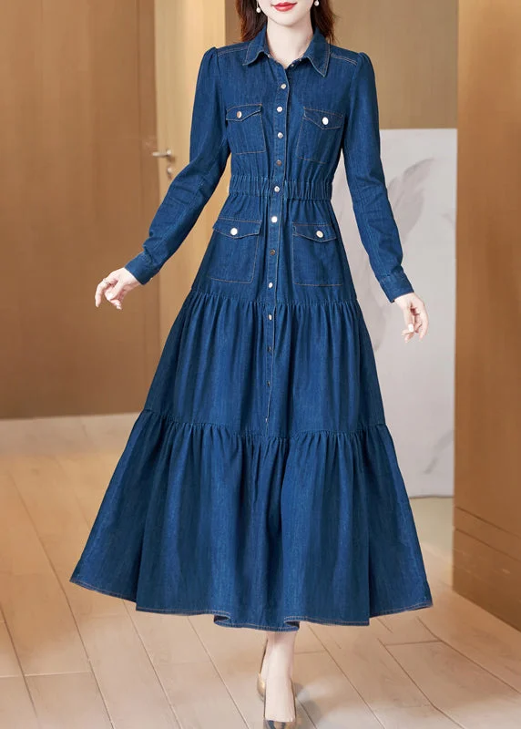 Classy Blue Peter Pan Collar Wrinkled Patchwork Denim Dress Long Sleeve