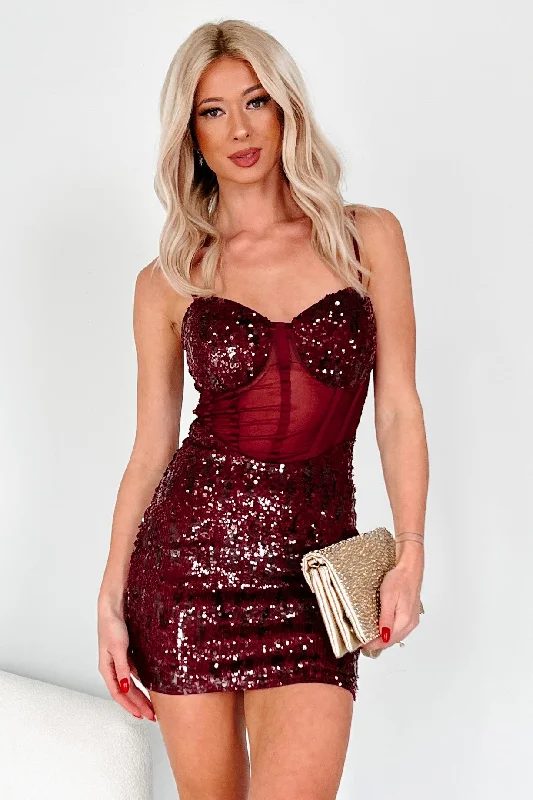 Capture Your Affections Sequin Mesh Mini Dress (Dark Burgundy)