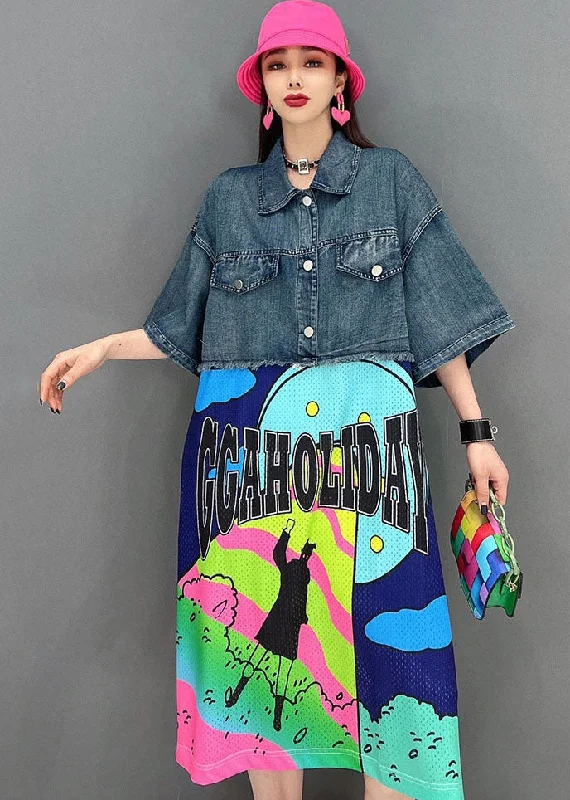 Loose Blue Peter Pan Collar Patchwork Print Cotton Streetwear Denim Dress Short Sleeve