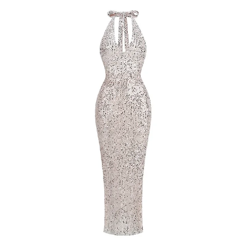 Sparkly Sheer Sequin Mesh Halter Backless Sheath Fishtail Maxi Formal Dress