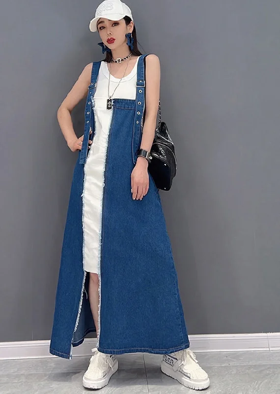 Beautiful Denim Blue Asymmetrical Design Patchwork Cotton Fake Two Piece Strap Dress Summer