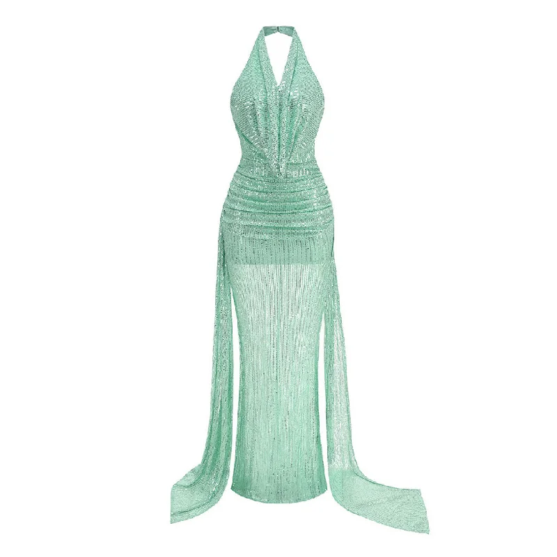 Sexy Backless Plunge Halter Ruched Draped Sequin Maxi Formal Dress