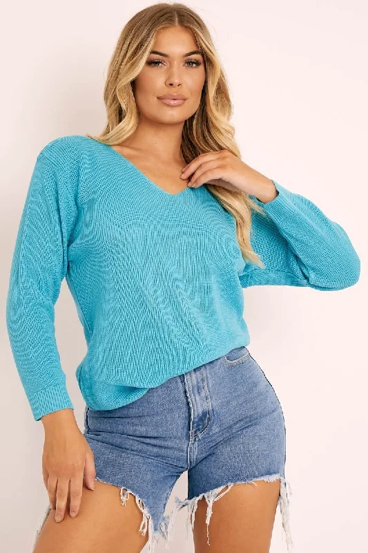 Blue Plunge Neck Knit Jumper - Halie