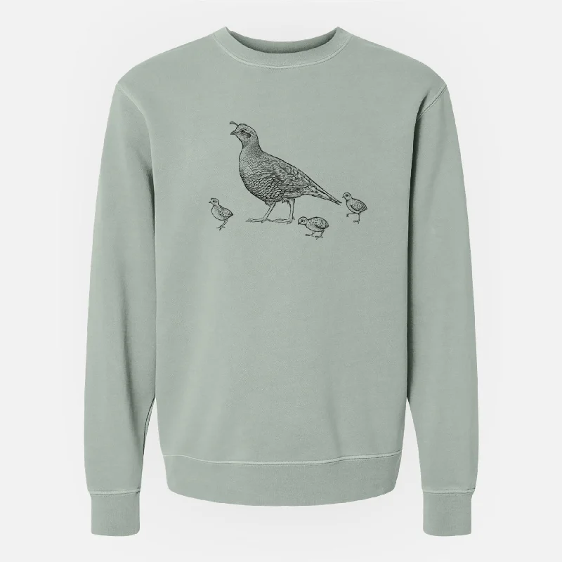 California Quail with Babies - Callipepla californica - Unisex Pigment Dyed Crew Sweatshirt