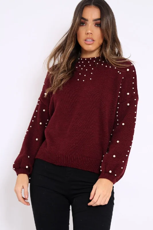 Wine Puff Sleeve Pearl Chunky Knit Jumper - Nancie