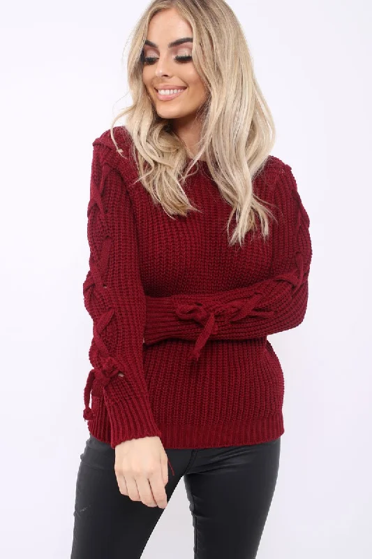 Wine Chunky Knit Lace Up Sleeve Jumper - Sarah