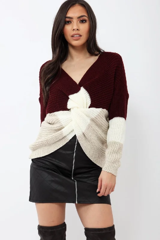 Wine White and Beige Knot Knit Jumper - Kerri