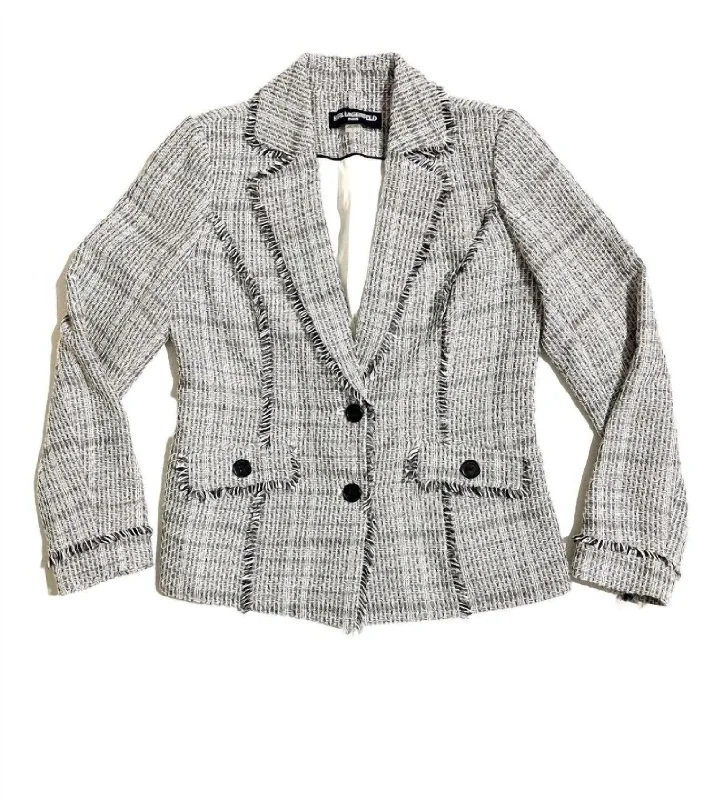 Women's Bell Button Tweed Fringe Blazer In White, Black