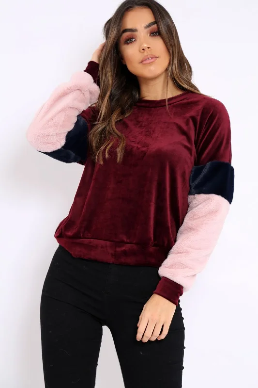 Wine Soft Fur Jumper with Contrast Sleeves - Erla