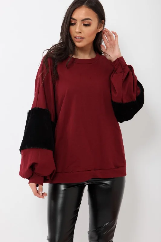 Wine Jumper with Fur Sleeves - Stephanie