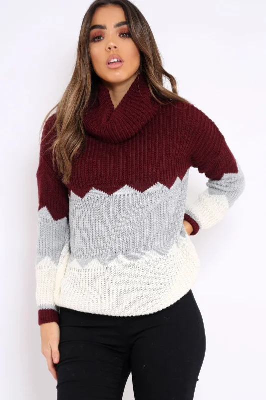 Wine Grey and Cream ZigZag Patterned Roll Neck Jumper - Nataley