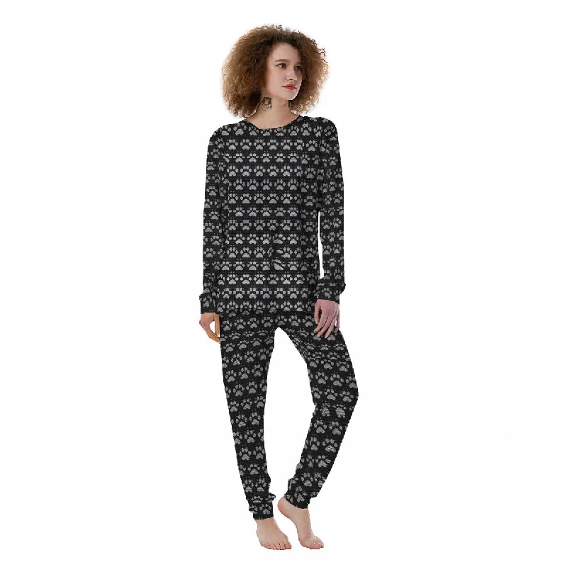 Paw Knitted White And Grey Print Pattern Women's Pajamas