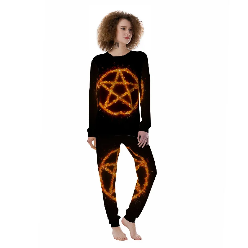 Pentagram Symbol Flaming Print Women's Pajamas