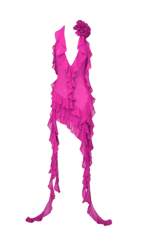 PLUNGING NECKLINE RUFFLE DRESS IN PINK