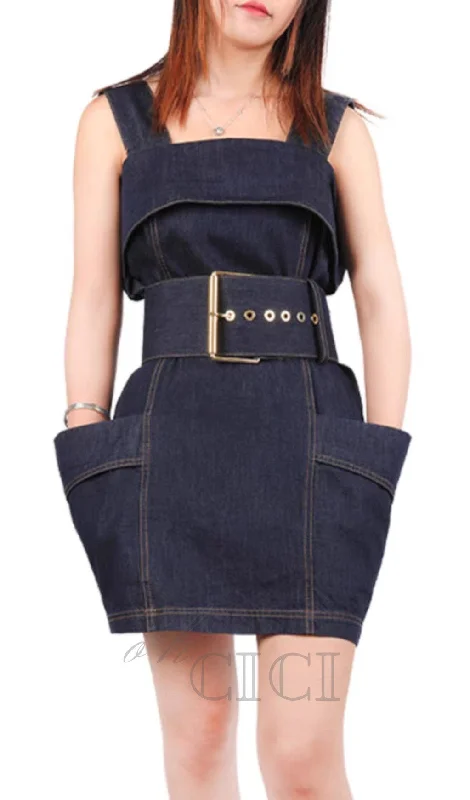 RUFFLED DENIM SUSPENDER DRESS IN BLUE