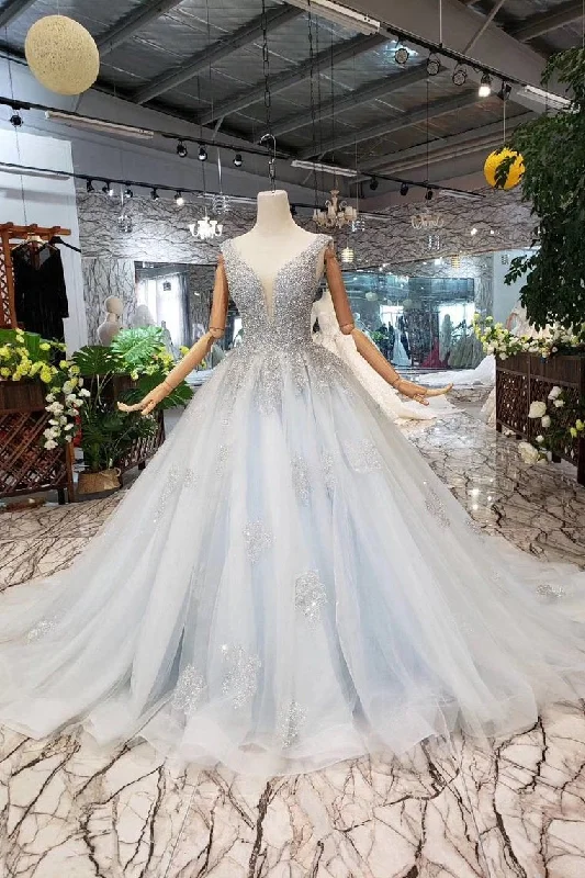 Ball Gown Deep V Neck Sleeveless Tulle Wedding Dress Prom Dress With Beading N1671