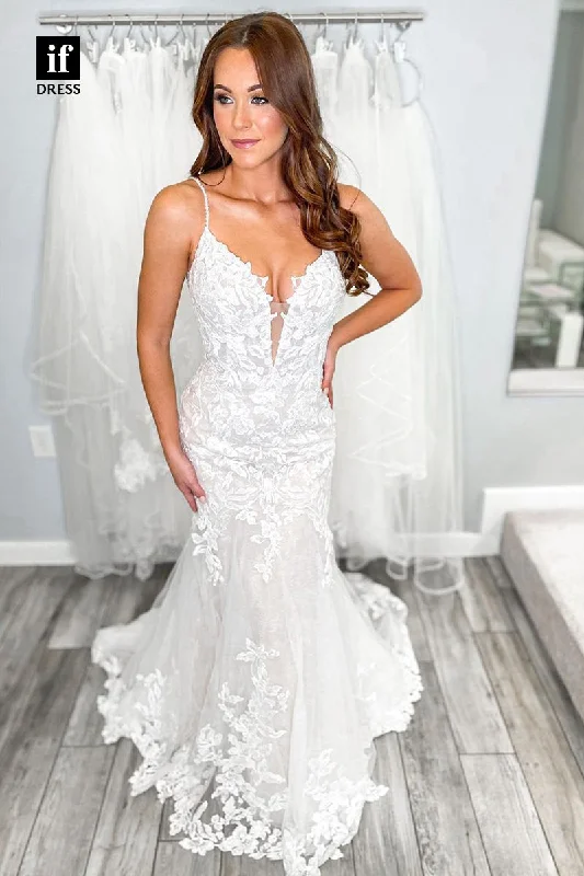 31656 - Sexy Spaghetti Straps V-Neck Lace Appliques Beach Wedding Dress