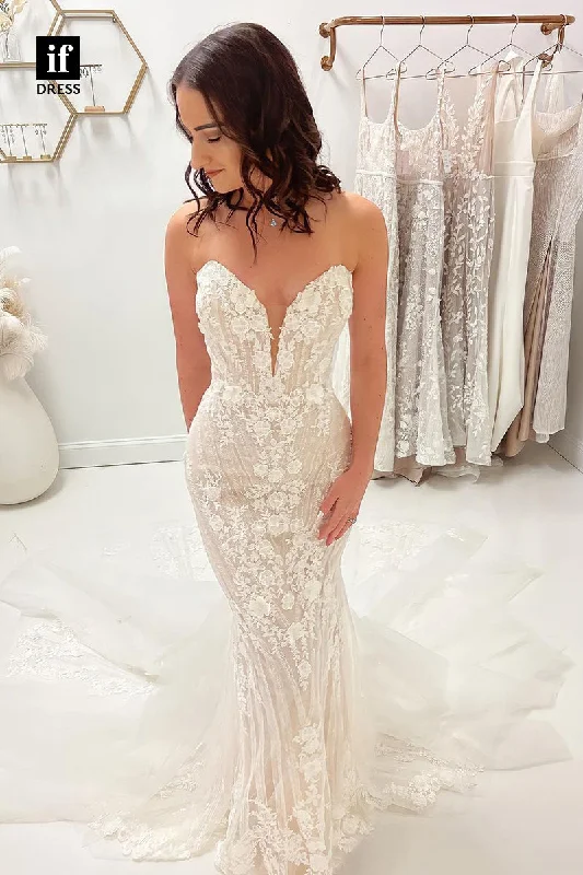 31658 - Attractive Off-Shoulder V-Neck Sleeveless Appliques Mermaid Wedding Dress