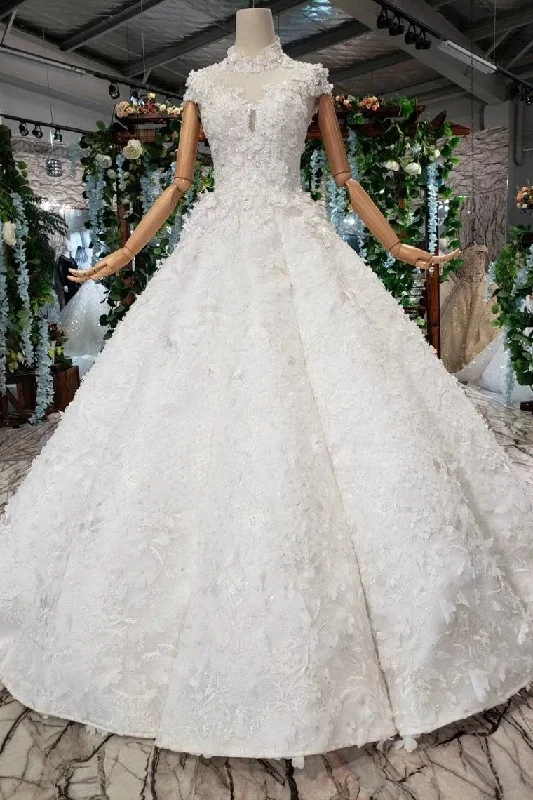 Gorgeous High Neck Ball Gown Lace Wedding Dress, Long Big Wedding Gown With Sequins N1651