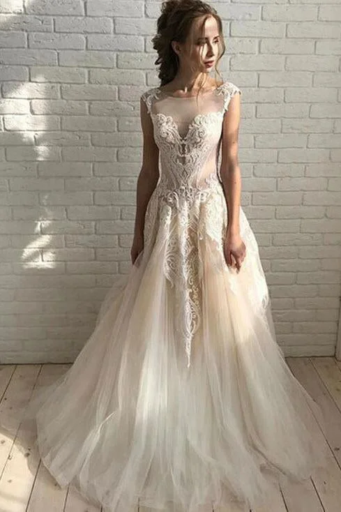 Ivory Elegant Sheer Neck Cap Sleeves Tulle Beach Wedding Dress With Lace Applique N2537