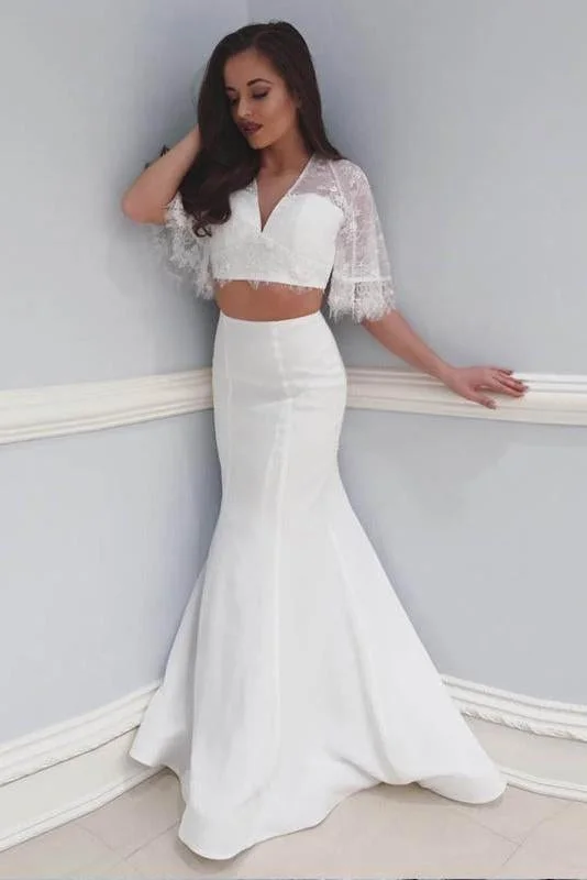 Mermaid Two Pieces V Neck Beach Wedding Dress With Lace N1785