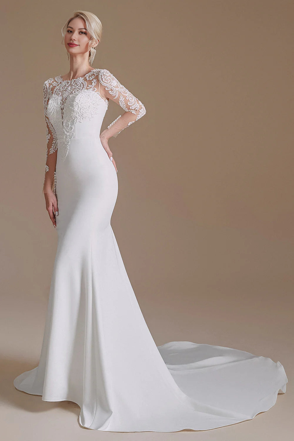 White Mermaid Long Sleeves Sweep Train Wedding Dress with Lace