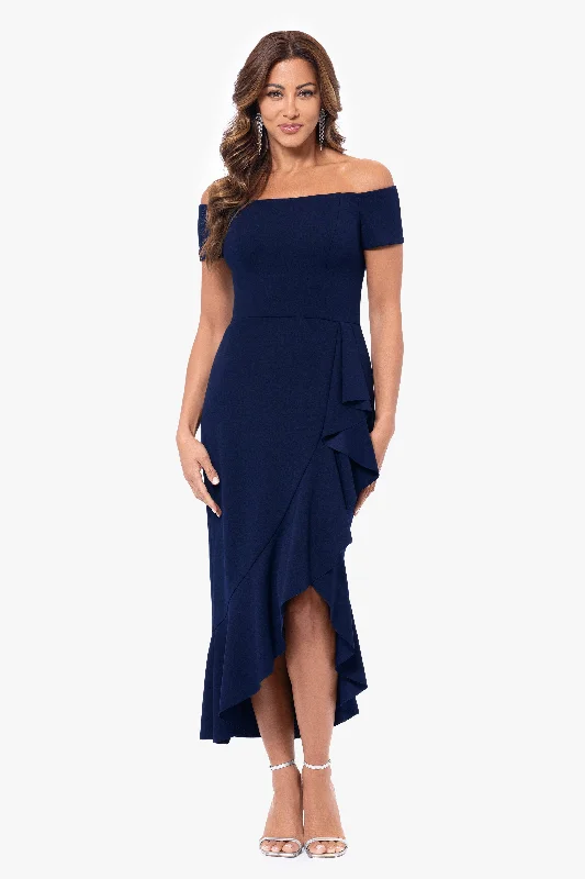 "Demetria" Off the Shoulder Scuba Crepe Midi Ruffle Dress