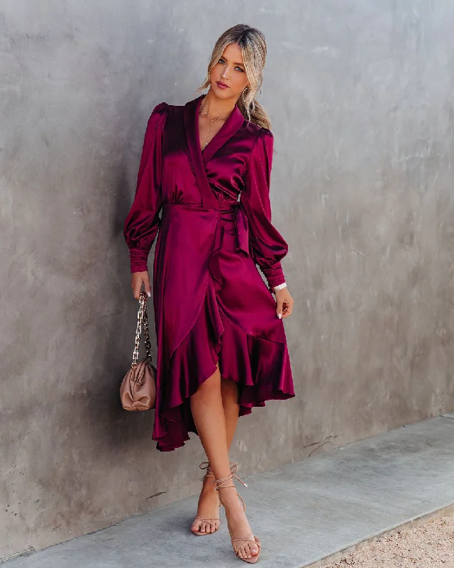 Anniversary Satin Wrap Midi Dress - Merlot - FINAL SALE