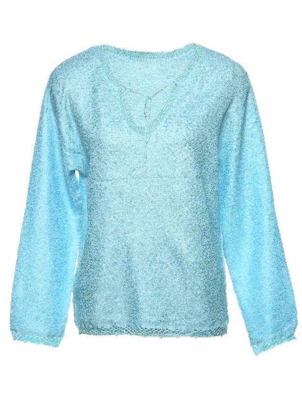 Aqua Blue Long-Sleeve Smocked Top - L