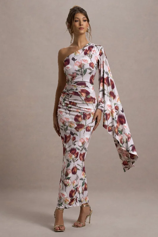 Clementina | Cream Floral Print Asymmetric Cape Sleeve Maxi Dress