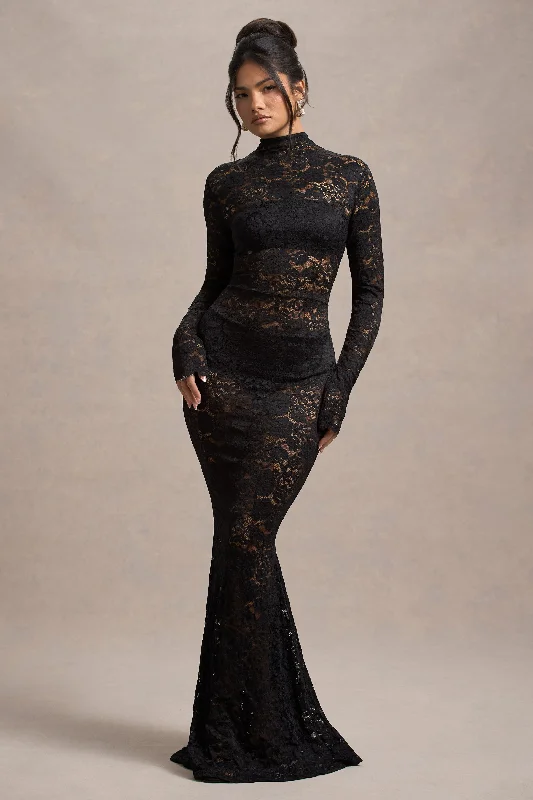 Delevingne | Black Lace Sheer Long-Sleeve Maxi Dress