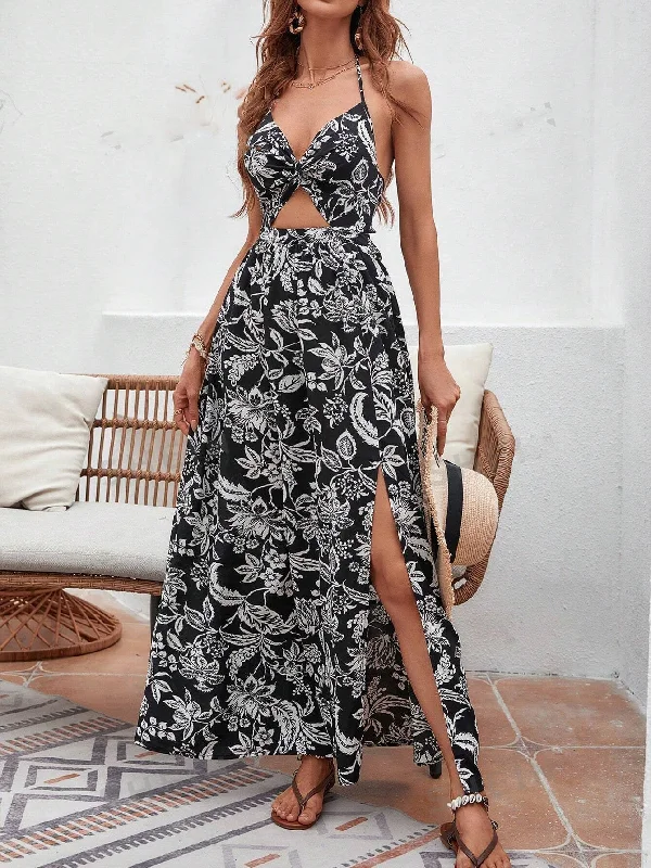 Flume Palm Print Cutout Slit Maxi Dress