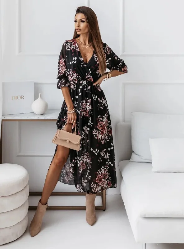 Golden Leaves Floral Slit Maxi Dress