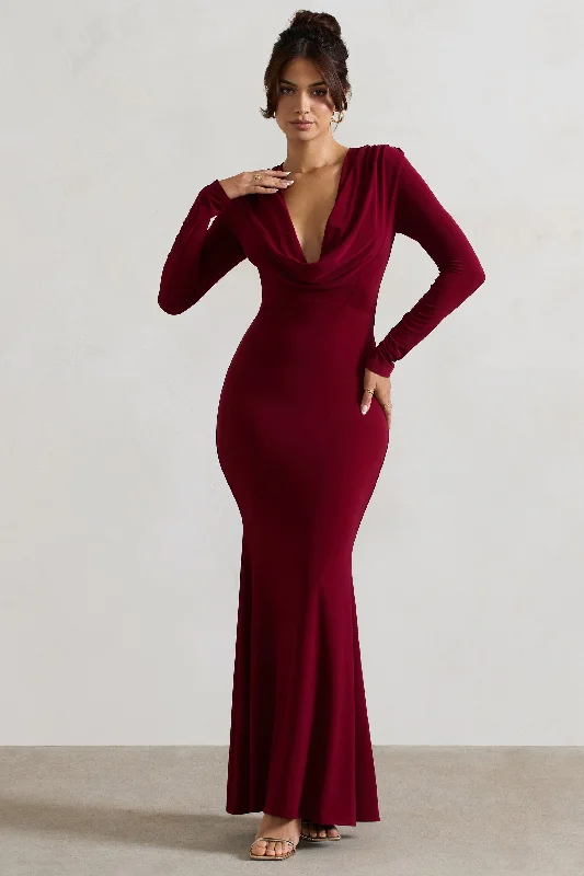 Heavy Heart | Berry Cowl-Neck Long-Sleeve Maxi Dress