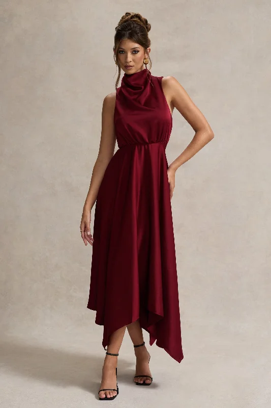 Kerri | Berry Satin Cowl-Neck Maxi Dress