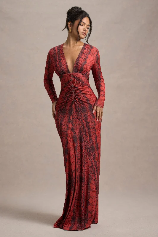 Mamba | Red Snake Print Plunge-Neck Long-Sleeve Maxi Dress