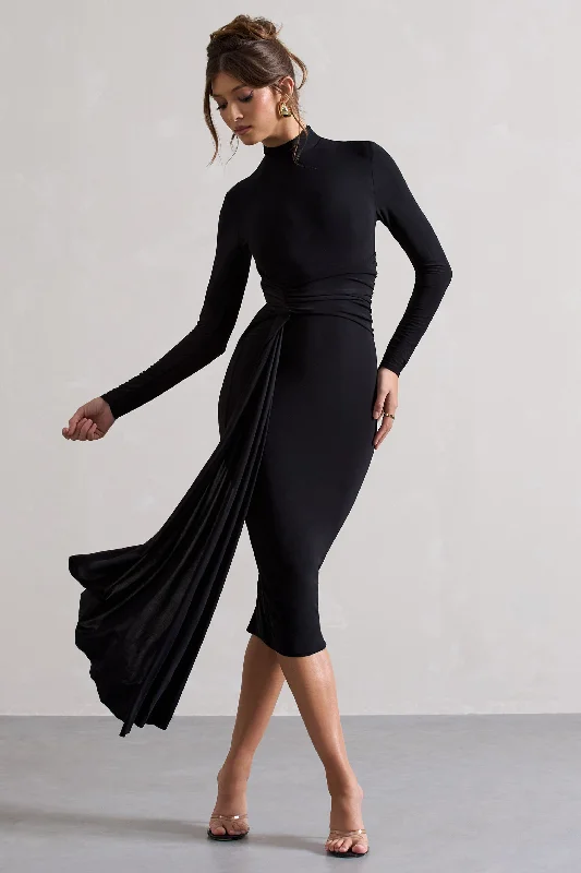 Nikita | Black High-Neck Midi Dress With Drape