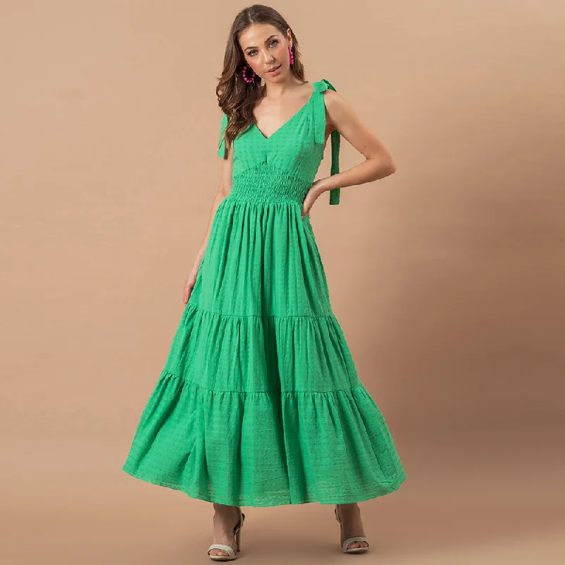 Parisa Embroidered Tiered Midi Dress - Green