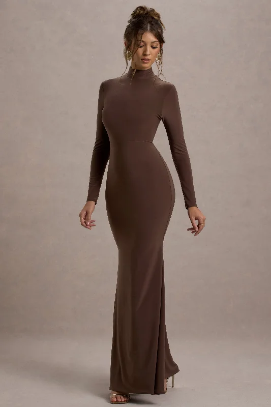 Tova | Chocolate High-Neck Long-Sleeve Fishtail Maxi Dress