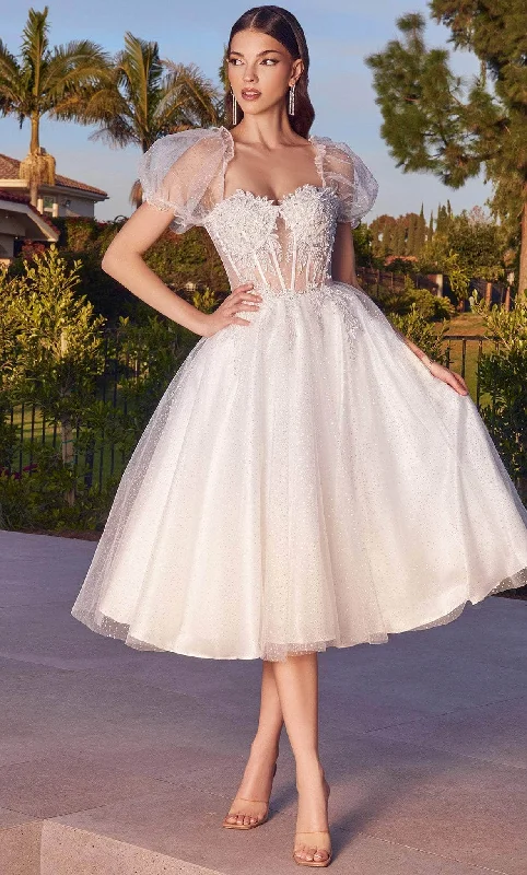 Cinderella Divine CD0187W - Glitter A-line with Puff Sleeves Cocktail Dress