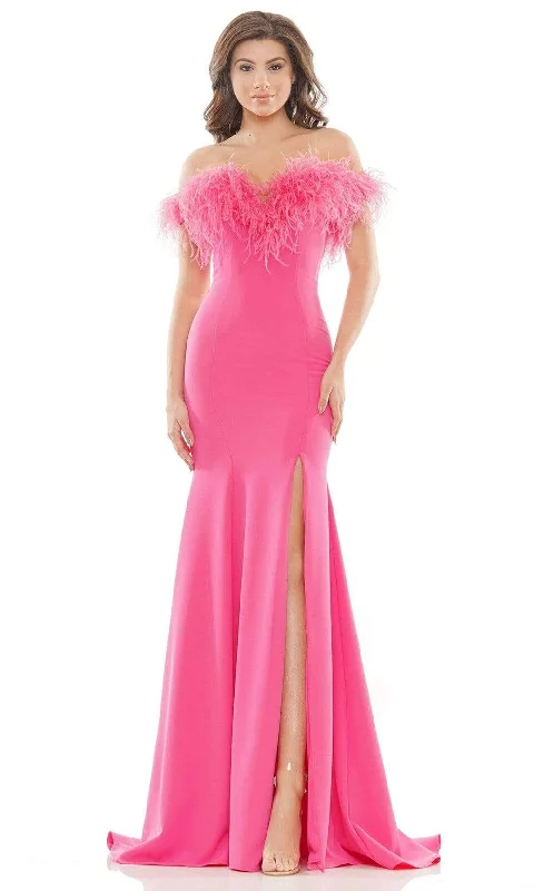 Colors Dress - 2663 Feather Trimmed High Slit Gown