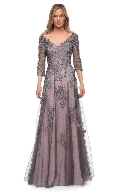 La Femme - 29205SC Floral Appliqued V-neck Formal Gown - 1 pc Pink/Gray in Size 6 Available