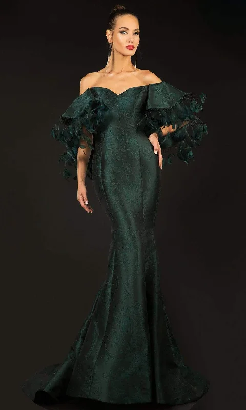 Terani Couture - 2021E2796 Feather Trimmed Off Shoulder Jacquard Gown