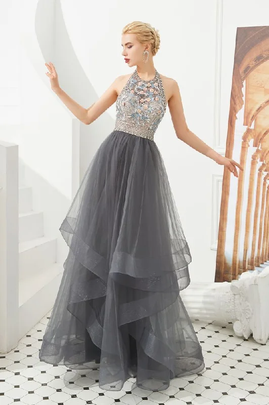 Floral Halter Evening Dress with Sparkle Beads Trendy Gray Mother of the bride Dress with watermelon and blue decorations