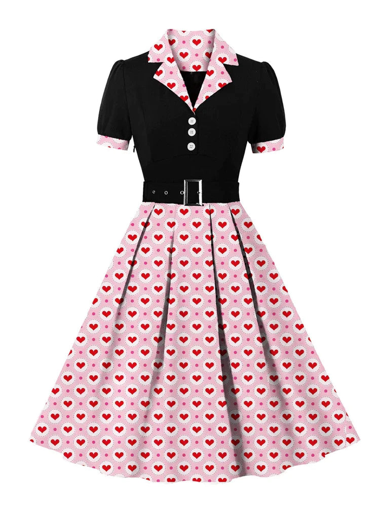 Heart Print and Black Patchwork Elegant Dresses for Women Notched Collar Buttons 40s 50s Vintage Pleated Dress