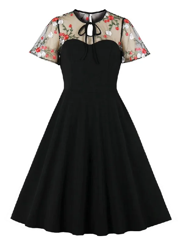 Short Sleeve Contrast Mesh Elegant Women Floral Embroidery Swing Dress Tie Neck Pocket Side Summer Vintage Clothes