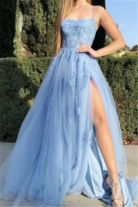 Sky Blue Front Split Evening Dress Spaghetti Straps Floral Appliques Tulle Prom Party Gowns