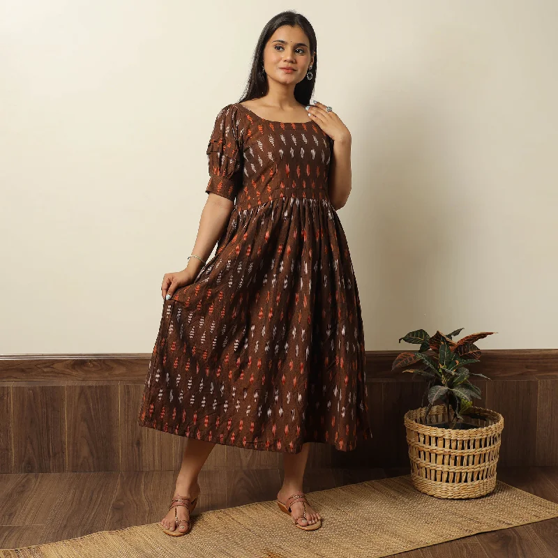 Brown - Pochampally Ikat Weave Cotton Flared Dress 14